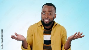 Black man, confused and hands out with smile, questions and asking why on blue background. Confusion, shock and person from Africa thinking with hand gesture, decision or idea in studio portrait.