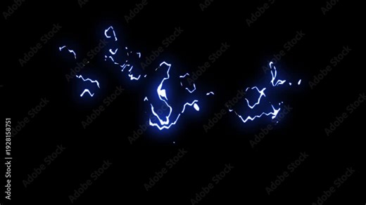 Animated electric lightning bolt storm effect fx on a black screen background with powerful thunder flash and dynamic blue light force energy, alpha channel loop animation in 4k