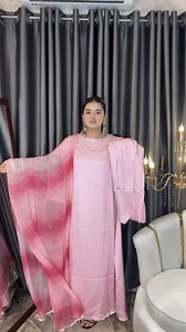 Baby pink. 🩷✨ Dress Measurements (In Inches)- Dress length- 52 Sleeves length- 22 Size Available: 34,36,38,40,42 (As we have customization option, we can provide any size also anything will be customisable) Material- Dress: Premium Crepe georgette. (which is non-transparent, summer friendly and glossy.)￼ Orna : Premium Soft Chiffon. ￼ All of our pictures & videos are real. Colour may vary slightly due to lighting. Anyone who asking for real pictures will not receiving reply. (We are very clear 