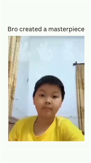 MeMo on Instagram: "This video captures a child enacting a performance art piece, utilizing a prop picture frame to create a visual loop of recursive imagery. The subject dramatically pulls the frame down, revealing a photo of himself in the same pose, framed against a backdrop that suggests an infinite regress. His initial exaggerated facial expressions and hand gestures transform into a static, framed image, echoing the visual concept of the Droste effect. The emotional score underscores this 