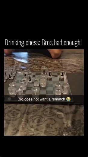 CoreMemes on Instagram: "This scenario presents a fascinating study in competitive human interaction, particularly under the influence of social lubrication. The chessboard, traditionally an arena of intellectual strategy and controlled aggression, is here transformed into a gauntlet of physical endurance through the incorporation of alcohol. The initial setup and the accompanying caption, 'Bro does not want a rematch 😭', imply that the previous game, or a series thereof, has already taxed the