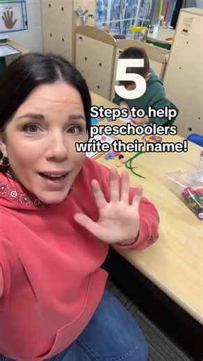 Preschool Vibes on Instagram: "A few days ago I shared my five steps to teaching preschoolers how to write their name, and this video shows what that looks like in real life ✍️ From building fine motor strength, to teaching tracing intentionally, to explicitly forming the first letter and slowly working toward the full name, it’s all about correct habits, consistency, and not rushing the process. Name writing is a skill that’s built step by step—and when it’s taught the right way, it really stic