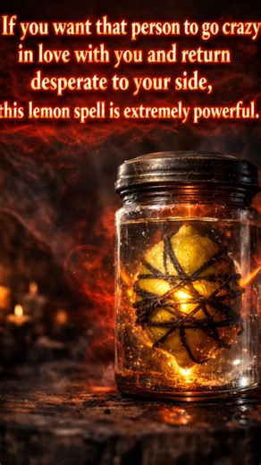 If you want that person to go crazy in love with you and return desperate to your side, this lemon spell is extremely powerful. Pour water into a glass container, just as I show you. Cut a lemon in half. On a blank piece of paper, write your beloved’s name using red ink. On another paper, write your own name, also in red ink. Fold both papers toward you. Pin each paper to the lemon using a needle or pin, exactly as shown. Join the lemon halves together and place them inside the glass container w