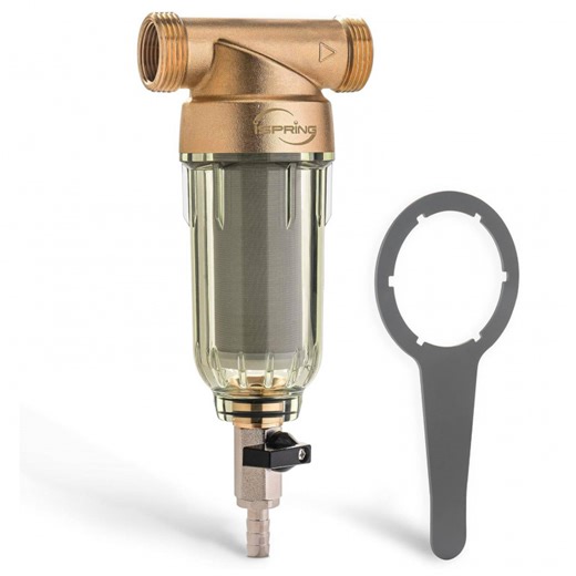 iSpring WSP Spin Down Sediment Water Filter, Whole House Reusable Flushable Prefilter for Well Water, 1" MNPT + 3/4" FNPT, Lead-Free Brass