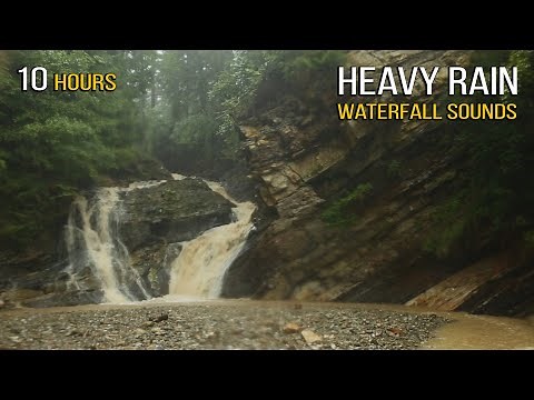 10 Hours Heavy Rain and Gentle Thunder on the Waterfall - Rainstorm Sounds for Sleep, Study, Relax