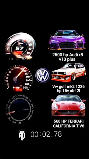 2500 hp #Audi r8 v10 plus vs #Vw #golf mk2 1226 hp 16v abf 2l turbo 560 hp #Ferrari #California t