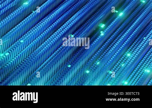 Abstract 3D blue isometric block grid with wave pattern and glowing green dots on a technology background. Perfect for data visualization, server, AI, computing, and futuristic design concepts Stock Video Footage - Alamy