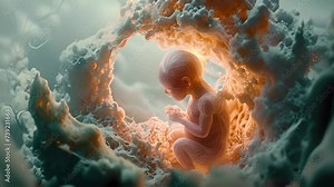 Human fetus inside the womb. Pregnant woman's belly inside. Motherhood. Unborn human embryo baby in uterine wall 4k video movement