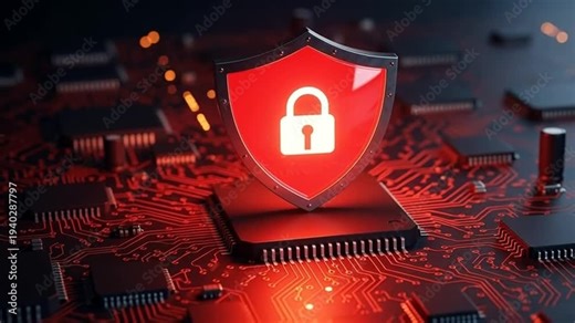 A glowing red shield with a lock icon on a microchip, symbolizing computer security and protection on a circuit board.