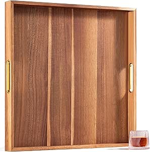 Extra Large Acacia Wood Serving Tray, 22" Ottoman Tray with Handles for Living Room & Kitchen, Indoor/Outdoor Use