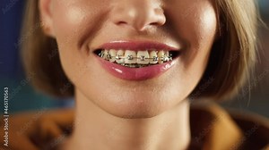 Woman smile with braces close-up, young female person smiling. Model posing close-up of face. Beautiful skin, natural make-up, orthodontics concept.