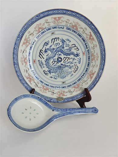 Chinese Porcelain Plate and Spoon Set With Rice Grain Dragon Design - Vintage Rice Grain Porcelain Dragon Plate - Jingdezhen Chinoiserie Decor - Etsy Canada