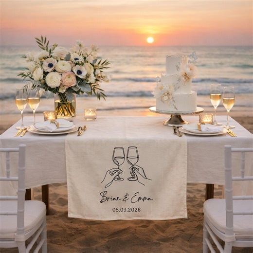 Personalized Wedding Table Runner, Custom Names Date, Head Table Decor, Linen Look Runner, Minimal Line Art Champagne Toast - Etsy