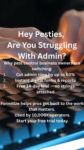 Stuck in the dark ages of pen and paper? Scaling your pest control business is tough when you're drowning in messy processes. What if you could sync everything, everywhere? Formitize: pre-built forms, instant scheduling, on-the-go invoicing & easy setup. Ready to level up? | Formitize