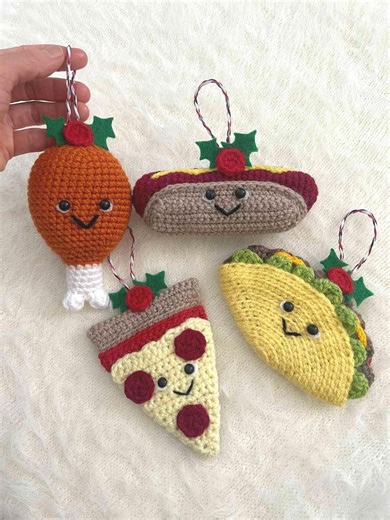 Fast Food Christmas Ornaments - Set of 4, Christmas Tree Decor, Food Lovers Gift, Crochet Handmade Pizza, Taco, Hotdog, Chicken Drumstick - Etsy