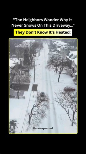 @startups._mind on Instagram: "A driveway that melts snow on its own, no shoveling, no salt, no stress. ❄️⚡ Heated driveways have special cables or warm-water pipes under the surface. When it gets cold or wet, sensors turn the system on and gently heat the driveway so snow and ice can’t stick. Some use electric wires, others move warm liquid through tubes, both spreading heat evenly. It’s a premium feature that costs more, but it keeps the driveway safe, clean, and clear all winter. #startupsmin