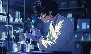 Young Scientist Conducting Experiment in Laboratory illustration cartoon with ai generated.