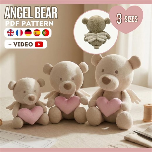 Angel Teddy Bear Sewing Pattern PDF + Video | With Heart & Wings | 3 Sizes - Etsy