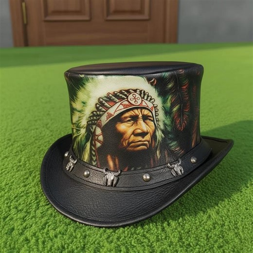 Handmade Black Leather Top Hat Painted Native American Chief, Festival Steampunk Hat - Etsy
