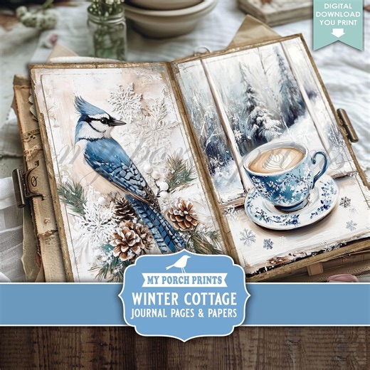 Winter Cottage Junk Journal PAGES & PAPERS, Vintage, Snow, Blue, White, Floral, Cozy, Season, My Porch Prints, Printable, Digital Download - Etsy Canada