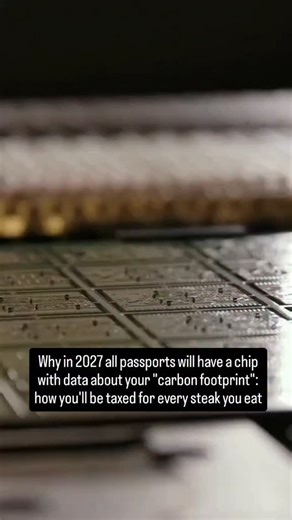 THE AI GROWTH FORMULA | Traffic, Products & Brand Scaling on Instagram: "📍 1. By 2027, they'll start implementing chips with a "carbon profile" into passports. This digital weapon of environmental control will track the footprint of every purchase. Your document will turn into a resource consumption meter, where any activity is entered into a global database to assess your impact on the climate. 📍 2. Meat tax is a reality of 2027. Beef production produces many times more emissions than plant-b