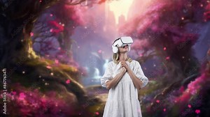 Impressive woman looking around through VR in wonderland pink maple leave falling landscape fairytale getting fresh air in meta magical world fantasy in jungle pastel natural creativity. Contraption.