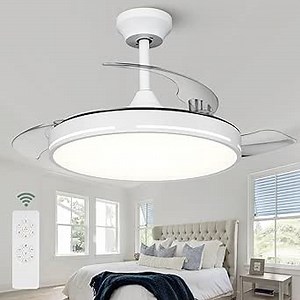 42 inch Retractable Ceiling Fan, Full Spectrum White Ceiling Fan with Light and Remote, Modern Fandelier with LED Memory Light Retractable Blades DC Motor for Bedroom Living Dining Room