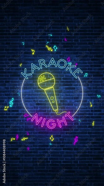 karaoke night microphone and musical notes on brick wall neon lights animation, music night club and bar vertical social media motion background