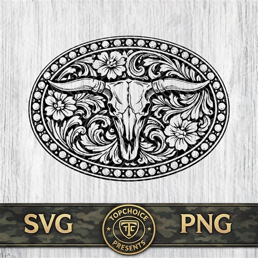 Longhorn Skull Tooled Leather Pattern SVG PNG DXF Western Floral Belt Buckle Cowboy Cowgirl Design Cut File for Cricut Silhouette - Etsy