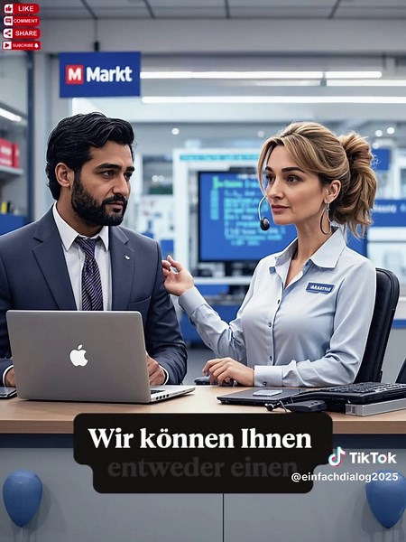 Ein Mann hat vor Kurzem bei MediaMarkt einen Laptop gekauft, aber das Gerät ist defekt. Er kommt in die Filiale zurück, um das Problem zu klären. Im Gespräch mit einer Mitarbeiterin im Kundenservice beschreibt er höflich, aber enttäuscht die technischen Probleme. Die Mitarbeiterin reagiert professionell,#Deutschlernen #Alltagsdeutsch #DeutschB1 #DeutschDialog #EssenImBus #dialogübung #sprachenlernen