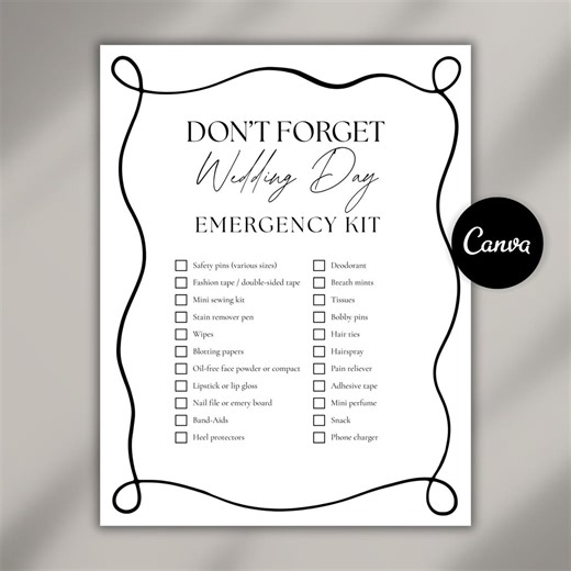 Printable Wedding Emergency Kit Checklist Template | Bride Stationary | Wedding Day List | Wedding Planner - Etsy