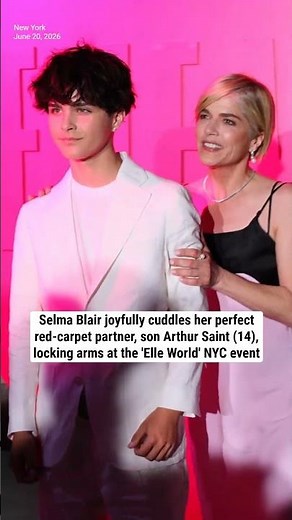 Selma Blair joyfully cuddles her son Arthur Saint (14), at 'Elle World' NYC event