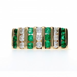 14k Yellow Gold Emerald & Diamond Channel Set Band Ring – Vintage Style Statemen - Etsy