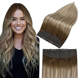 Fshine Invisible Wire Hair Extensions Dark Brown to Ash Brown and Blonde Wire Hidden Hair Extensions 16 Inch Transparent Fish Line Clip in Extension 106 G