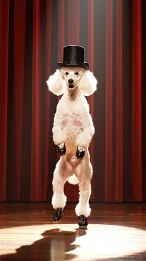Make my dog tap dance on stage wearing black tap shoes and a top hat.