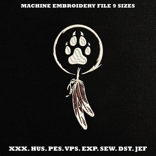 Wolf Paw Embroidery Design, Native Dreamcatcher Style Pattern, Paw Print With Feathers, Machine Embroidery Files PES DST JEF, Boho Nature. - Etsy