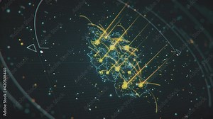 Flashing glowing Germany map with highlighted areas and interstate connections. Scanning of Germany Map through hi-tech futuristic sight and visuals with connecting light points and lines.