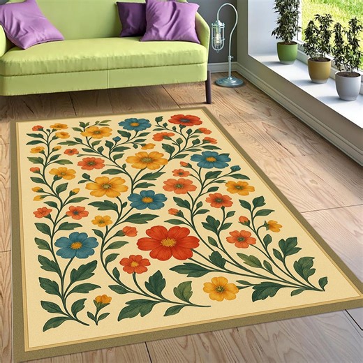 Vintage Style Floral Rug, Botanical Print Carpet, Colorful Home Decor - Etsy