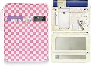 Book Pouch, Book Sleeve with Strape Zipper and Extra Sleeve Pocket Paperback Hardcover Protector, PU Leather Waterproof for Girls, Teacher, Students-Pink Checkered