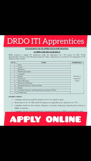 DRDO DRDL ITI Apprentices Recruitment 2026 #DRDO #apprentice #jobs #recruitment | Government Jobs