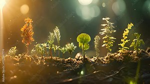 Seedling are growing from the rich soil to the morning sunlight that is shining, seedling, cultivation. agriculture, horticulture. plant growth evolution from seed to sapling, ecology concept. Young p Stock Video
