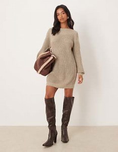 JDY Petite wide neck knit mini sweater dress in beige | ASOS
