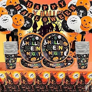 Halloween Party Decorations Pumpkin Supplies Set Includes Paper Plates Cups Tablecloth Backdrop Banner Orange Balloon,Serves 20 guests (Orange)