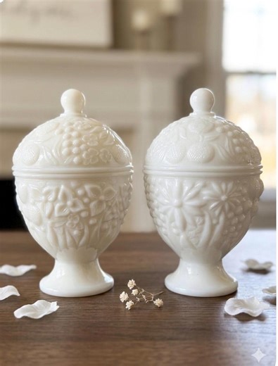 Vintage Milk Glass Footed Dishes With Lids Matching Pair Foral Pattern Candy Trinket Bowl - Etsy