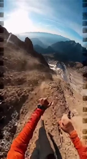 A dynamic cinematic shot of a mountain climber wearing a head-mounted camera, running across mountain slopes and rugged terrain. The scene is captured as a continuous film strip, emphasizing motion and adventure, with breathtaking mountain views, dust and debris flying, and a sense of adrenaline and exploration #fyp