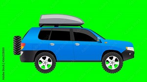 Flat design animation of a moving car at green background. Blue jeep car with box on the roof. Seamless Loop animation. Transportation concept