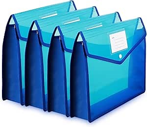 4 Pcs Plastic File Folders A4 Size Envelope Expanding File Wallet Documents Folder with Snap Closure and Pocket Portable Waterproof Translucent File Pouch for School (Blue)