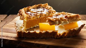 Slow zoom in on a deconstructed apple pie presented on a rustic wooden plank under side light, showcasing textures and components.