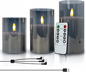 Rechargeable LED Flameless Candles Flickering with Timer & Remote Control, Built-in Battery LED Candles, Gray Glass Candles Gift Set, Set of 3 Pillar Candle of 4.1" 5.1" 6.1" for Home Party Decoration