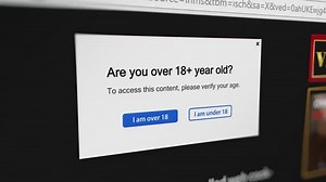 Mouse Cursor Clicking "I am over 18" Button to Verify Identity and Confirm Over 18. All Footage Data is Fictional, Created Specifically for This Concept